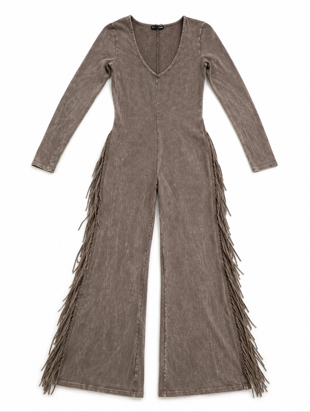 FRINGE JUMPSUIT Taupe MEDIUM Long Sleeve Stretch Flared Leg Romper COWGIRL CHIC - Picture 5 of 7
